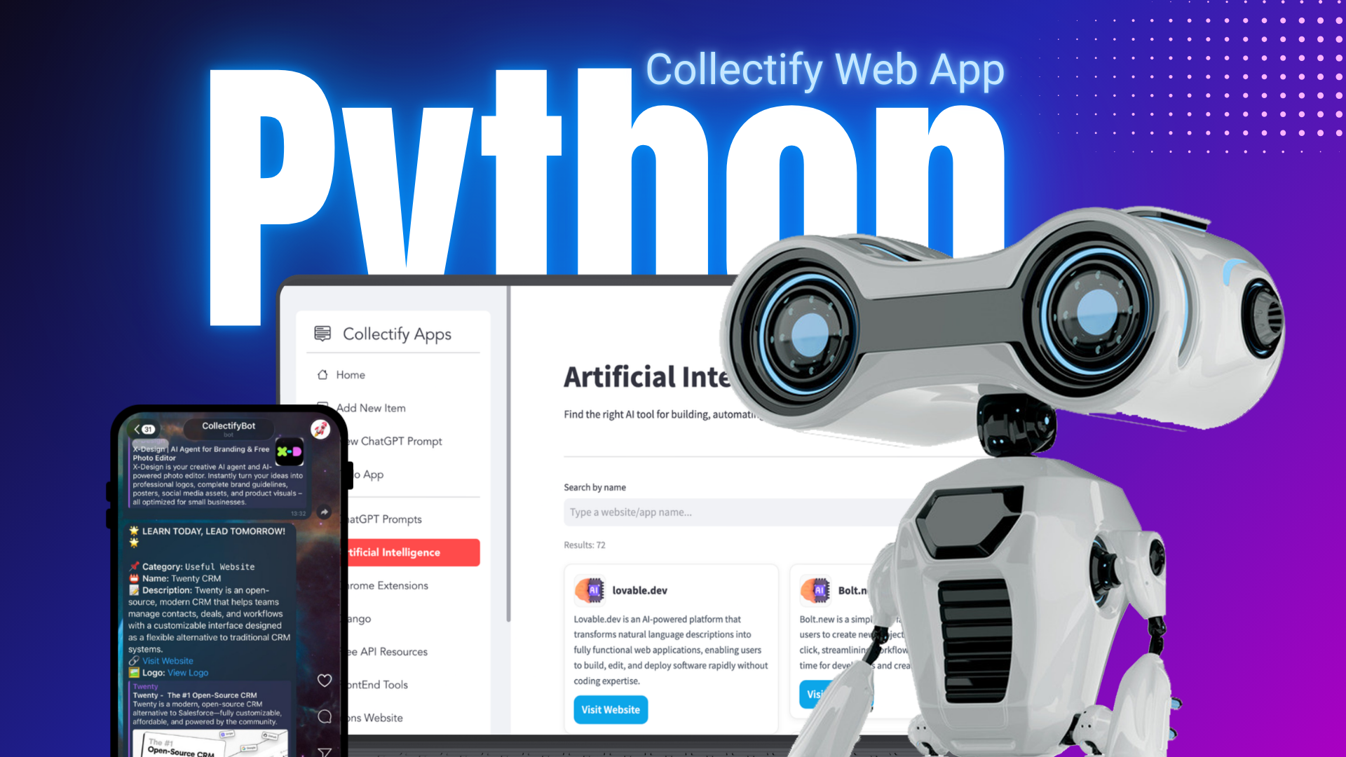Collectify Web App - Collectify Apps is a personal growth and productivity web app that centralizes tools, websites, and AI prompts into organized categories for quick access.
Data is managed through Google Sheets, ensuring structured and flexible storage. The app also integrates with Telegram, sending a daily resource to support consistent learning and professional development.